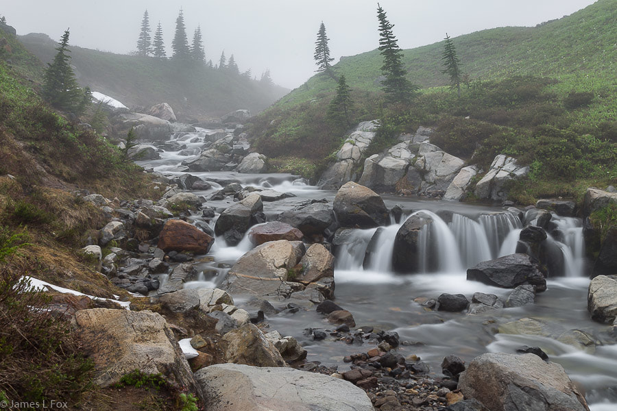 Picture, Small waterfall on Mount Rainier in the fog.
